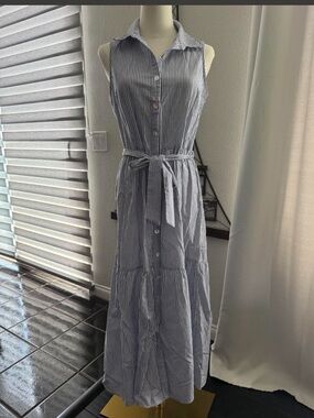 Striped Sleeveless Button-Front Maxi Dress with Tie Waist